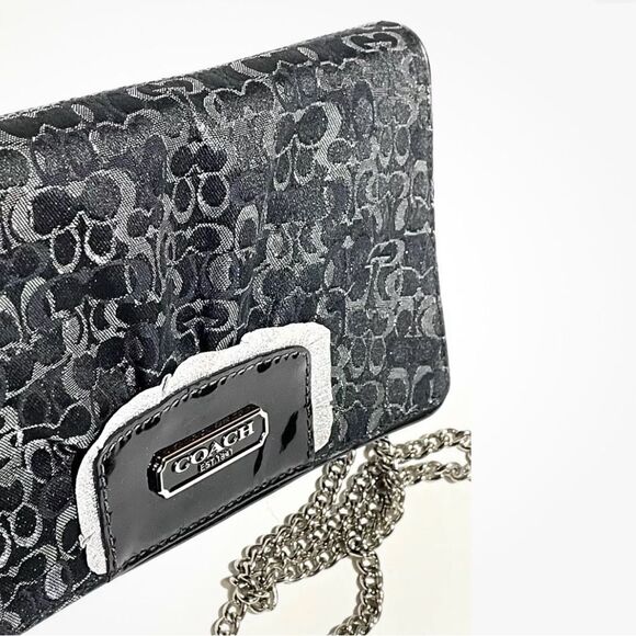 Coach Signature Black & Silver Metallic Jacquard Chain Strap Crossbody Clutch‎ - Picture 1 of 11
